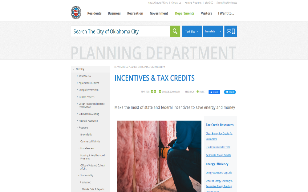 Screenshot of the website page of the city of Oklahoma showing its incentives and tax credits for renewable energy.